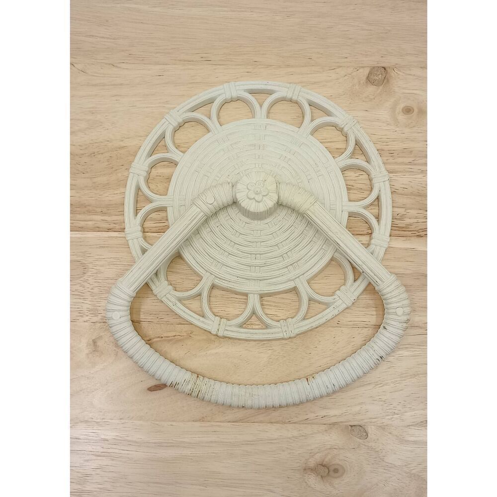 Vintage homeco interiors, wall hanging towel rack , plastic ,white faux wicker